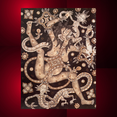 Lukisan Anak Agung Gde Sobrat, 1938, yang menggambarkan transformasi Durga menjadi leak, dan menari bersama setan-setan