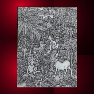 Lukisan I Ketut Kebut yang menggambarkan “Petani dan Dewi Uma” atau “Cerita Sudamala”.